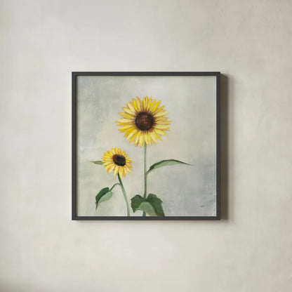 Sunny Blooms I by Julia Purinton. Shown in a sleek black glass frame for a contemporary gallery look. Available as an archival giclee rolled canvas, fine art paper, or poster print. SKU 62195a.