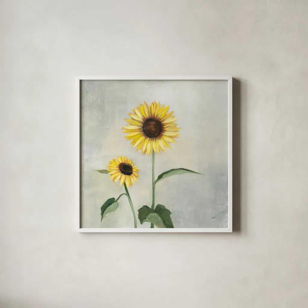 Sunny Blooms I by Julia Purinton. Shown in a crisp white glass frame for a clean and minimalist style. Available as an archival giclee rolled canvas, fine art paper, or poster print. SKU 62195a.