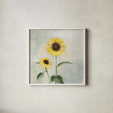 Sunny Blooms I by Julia Purinton. Shown in a crisp white glass frame for a clean and minimalist style. Available as an archival giclee rolled canvas, fine art paper, or poster print. SKU 62195a.