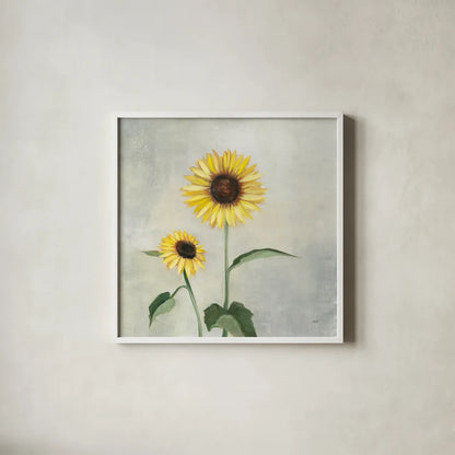 Sunny Blooms I by Julia Purinton. Shown in a crisp white glass frame for a clean and minimalist style. Available as an archival giclee rolled canvas, fine art paper, or poster print. SKU 62195a.