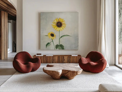 Sunny Blooms I by Julia Purinton. Shown as extra-large giant wall art in a modern living room. Available as an archival giclee rolled canvas, fine art paper, or poster print. SKU 62195a.