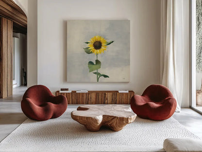 Sunny Blooms II by Julia Purinton. Shown as extra-large giant wall art in a modern living room. Available as an archival giclee rolled canvas, fine art paper, or poster print. SKU 62196a.