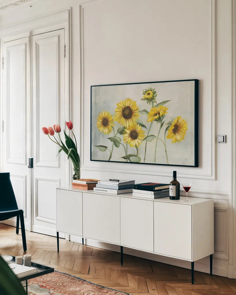 Sunny Day by Julia Purinton. shown as a framed stretched canvas in a living room above a console. Available as a archival giclee rolled canvas, fine art paper, or poster print. SKU 62194i.