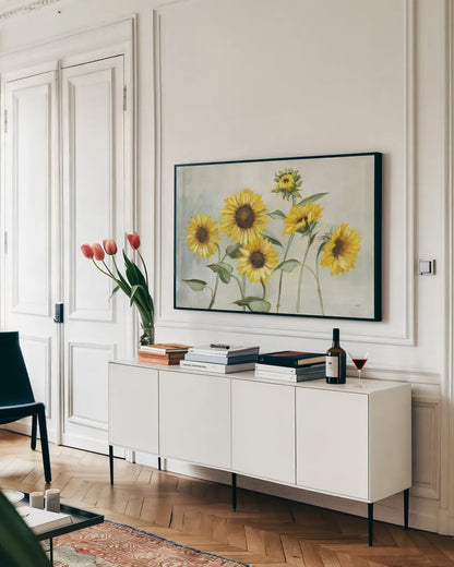 Sunny Day by Julia Purinton. shown as a framed stretched canvas in a living room above a console. Available as a archival giclee rolled canvas, fine art paper, or poster print. SKU 62194i.
