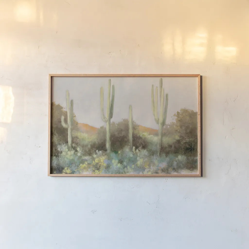 Sunrise Desert III Neutral by Julia Purinton. shown as a paper print in a natural frame. Available as a archival giclee rolled canvas, fine art paper, or poster print. SKU 70208i.