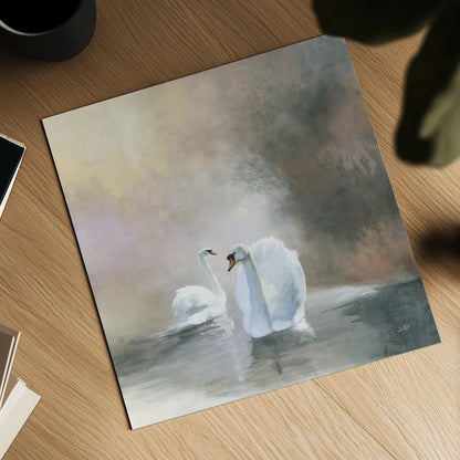 Swans in Mist by Julia Purinton. Shown as a detailed flat fine art print, highlighting archival giclee quality. Available as an archival giclee rolled canvas, fine art paper, or poster print. SKU 76020a.