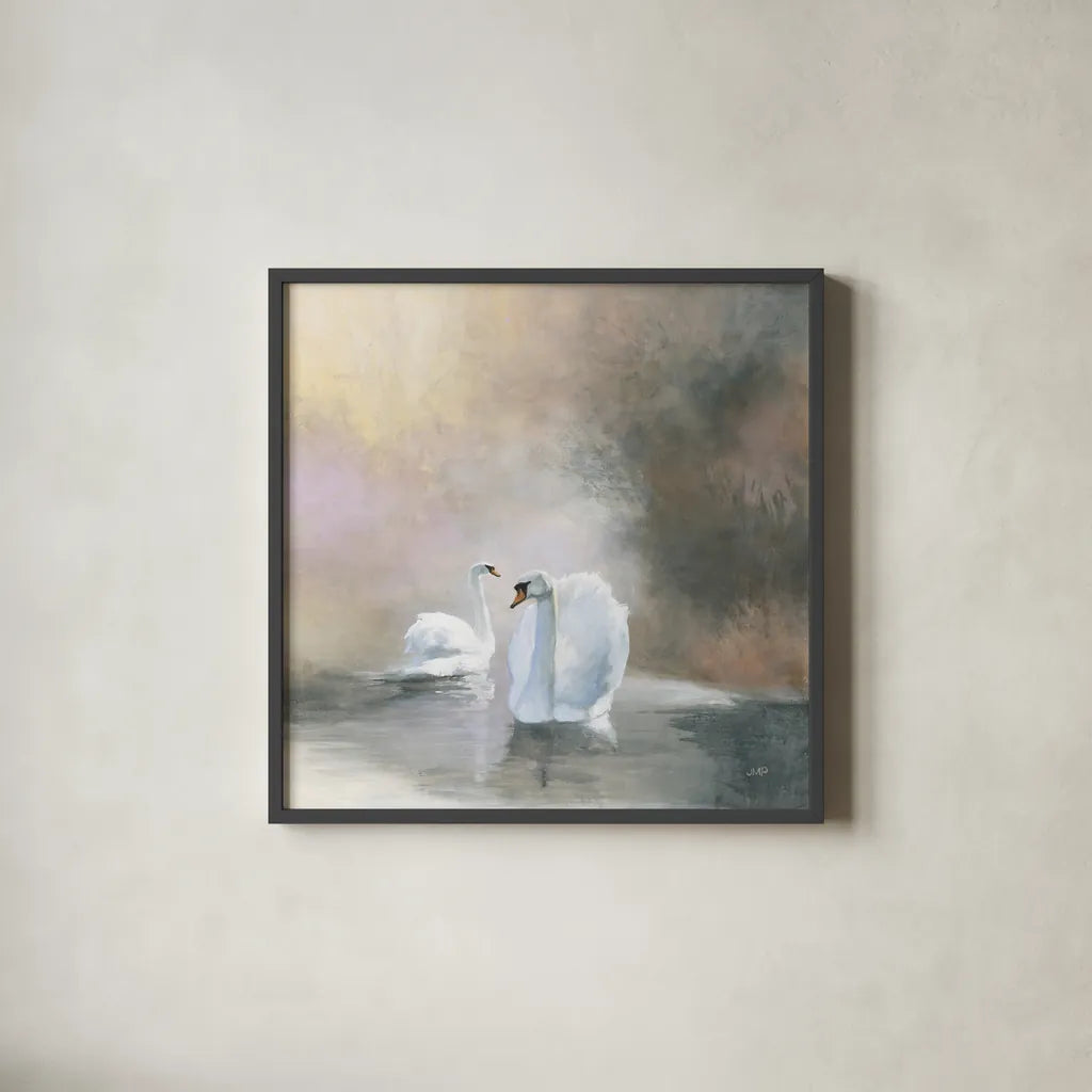 Swans in Mist by Julia Purinton. Shown in a sleek black glass frame for a contemporary gallery look. Available as an archival giclee rolled canvas, fine art paper, or poster print. SKU 76020a.