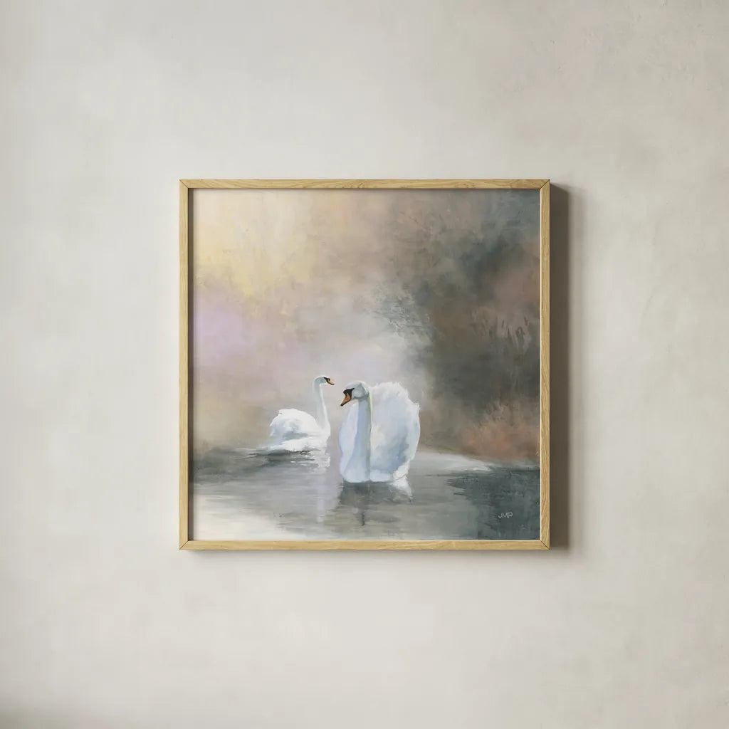 Swans in Mist by Julia Purinton. Shown in a natural wood glass frame for a timeless modern aesthetic. Available as an archival giclee rolled canvas, fine art paper, or poster print. SKU 76020a.