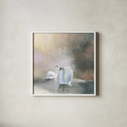 Swans in Mist by Julia Purinton. Shown in a crisp white glass frame for a clean and minimalist style. Available as an archival giclee rolled canvas, fine art paper, or poster print. SKU 76020a.