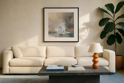 Swans in Mist by Julia Purinton. Displayed in a glass frame with matte in a clean modern living room. Available as an archival giclee rolled canvas, fine art paper, or poster print. SKU 76020a.