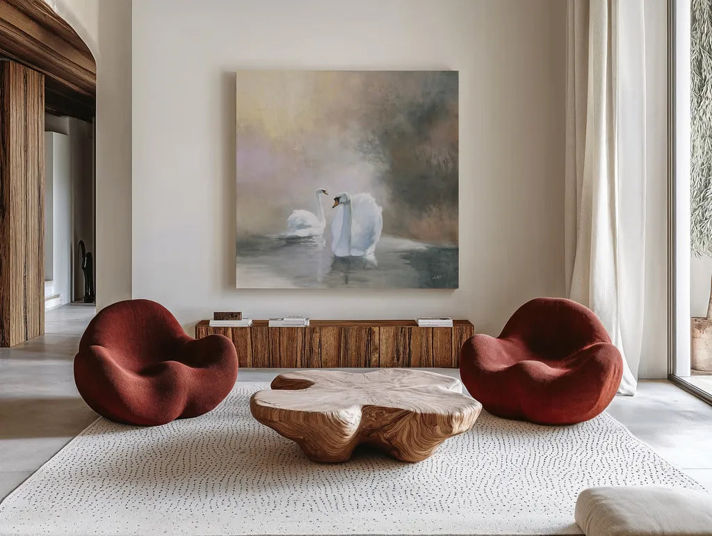 Swans in Mist by Julia Purinton. Shown as extra-large giant wall art in a modern living room. Available as an archival giclee rolled canvas, fine art paper, or poster print. SKU 76020a.