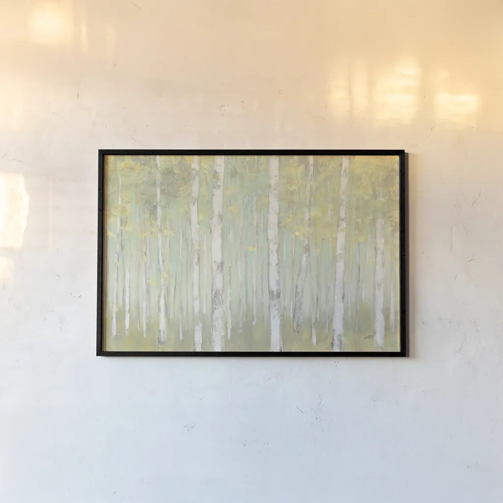 Sylvan Birches Crop by Julia Purinton. shown as a paper print in a black flame. Available as a archival giclee rolled canvas, fine art paper, or poster print. SKU 50142i.