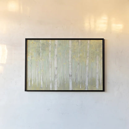 Sylvan Birches Crop by Julia Purinton. shown as a paper print in a black flame. Available as a archival giclee rolled canvas, fine art paper, or poster print. SKU 50142i.