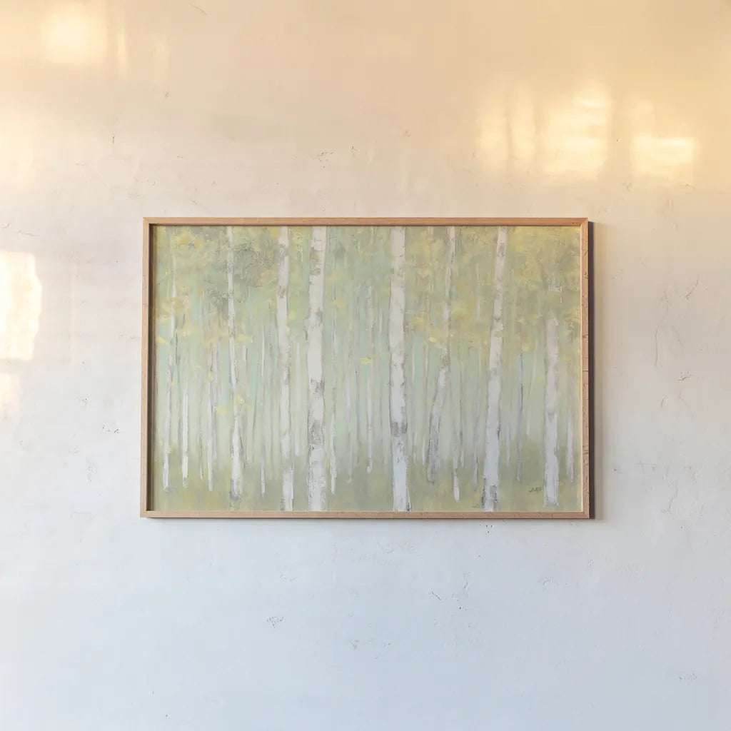 Sylvan Birches Crop by Julia Purinton. shown as a paper print in a natural frame. Available as a archival giclee rolled canvas, fine art paper, or poster print. SKU 50142i.