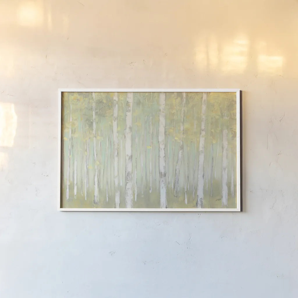 Sylvan Birches Crop by Julia Purinton. shown as a paper print in a white frame. Available as a archival giclee rolled canvas, fine art paper, or poster print. SKU 50142i.