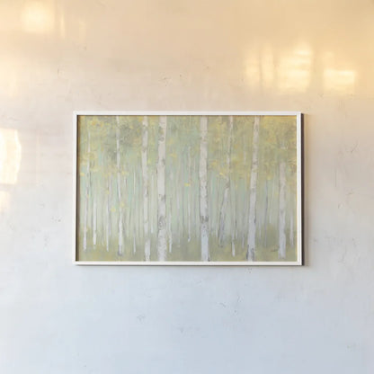 Sylvan Birches Crop by Julia Purinton. shown as a paper print in a white frame. Available as a archival giclee rolled canvas, fine art paper, or poster print. SKU 50142i.