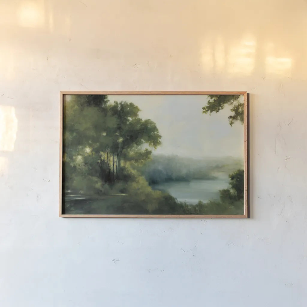 Sylvan View by Julia Purinton. shown as a paper print in a natural frame. Available as a archival giclee rolled canvas, fine art paper, or poster print. SKU 67931i.