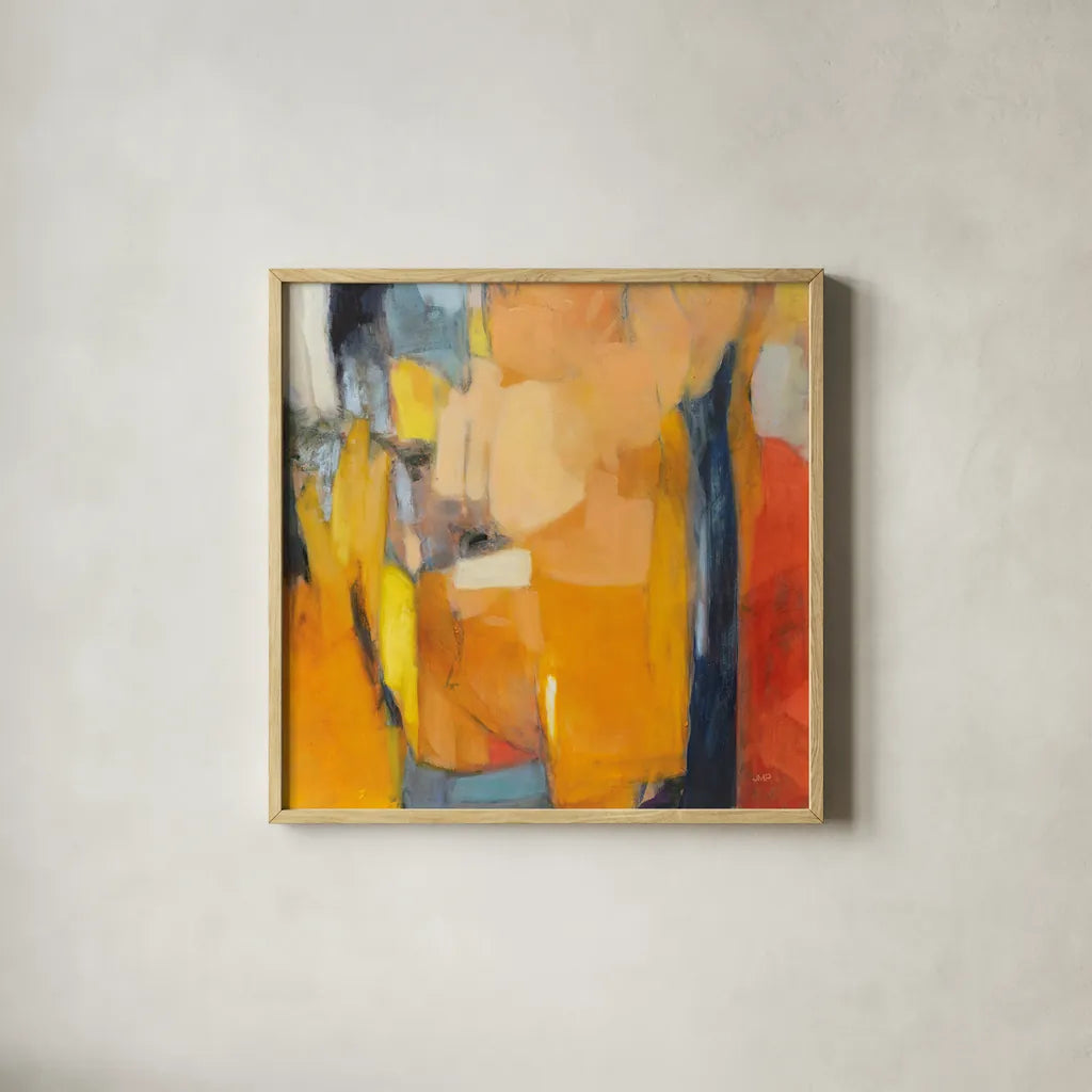 Tangerine Crush by Julia Purinton. Shown in a natural wood glass frame for a timeless modern aesthetic. Available as an archival giclee rolled canvas, fine art paper, or poster print. SKU 87781a.