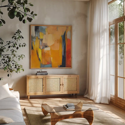 Tangerine Crush by Julia Purinton. Shown in a natural wood frame in a cozy modern living room. Available as an archival giclee rolled canvas, fine art paper, or poster print. SKU 87781a.