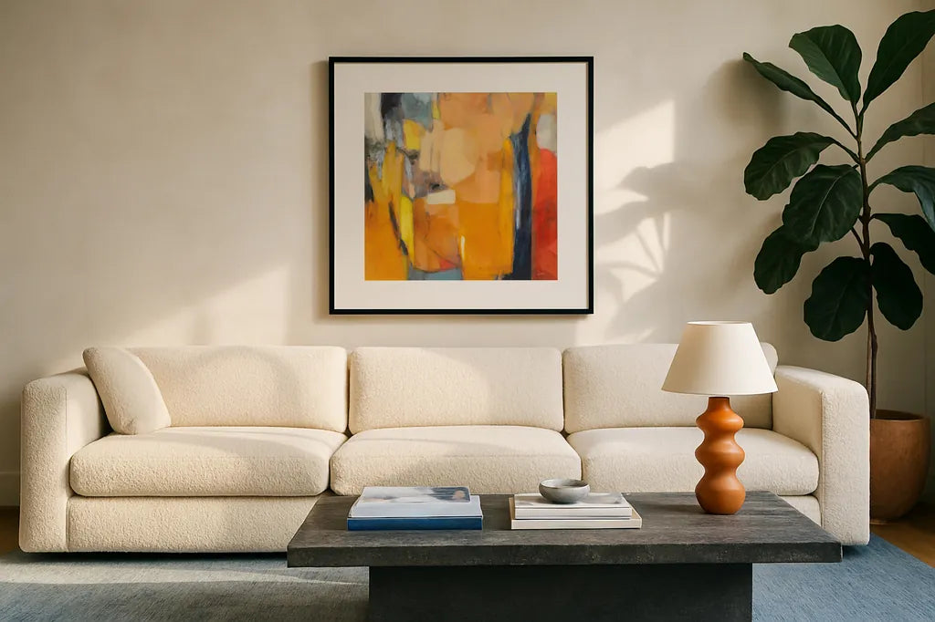 Tangerine Crush by Julia Purinton. Displayed in a glass frame with matte in a clean modern living room. Available as an archival giclee rolled canvas, fine art paper, or poster print. SKU 87781a.
