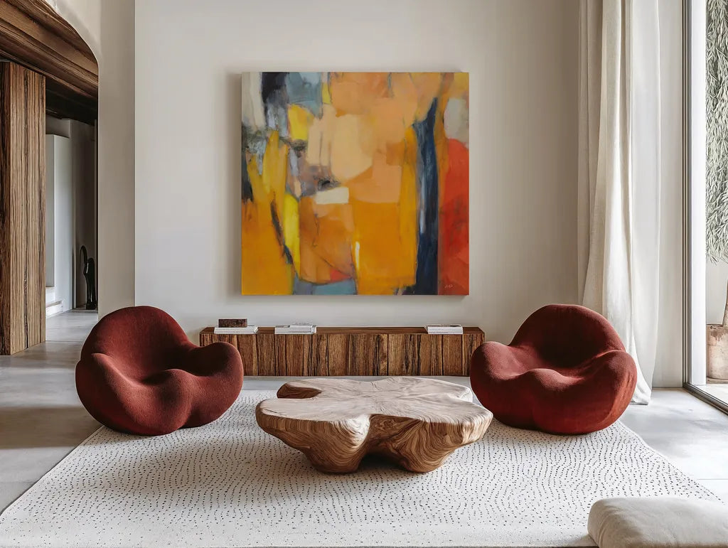 Tangerine Crush by Julia Purinton. Shown as extra-large giant wall art in a modern living room. Available as an archival giclee rolled canvas, fine art paper, or poster print. SKU 87781a.