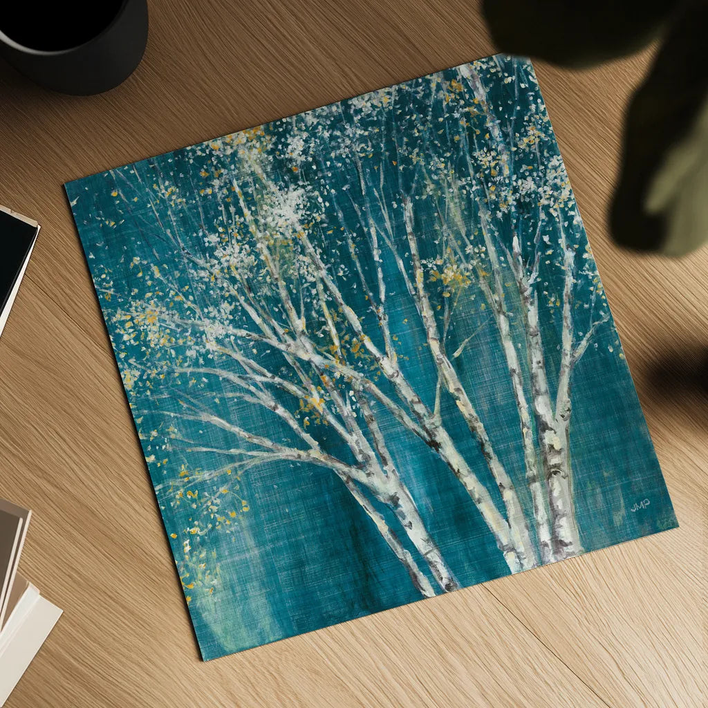 Teal Birch by Julia Purinton. Shown as a detailed flat fine art print, highlighting archival giclee quality. Available as an archival giclee rolled canvas, fine art paper, or poster print. SKU 37740a.