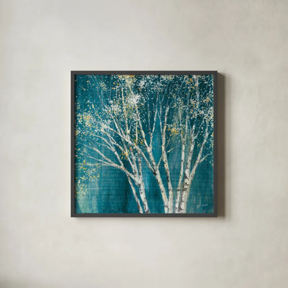 Teal Birch by Julia Purinton. Shown in a sleek black glass frame for a contemporary gallery look. Available as an archival giclee rolled canvas, fine art paper, or poster print. SKU 37740a.