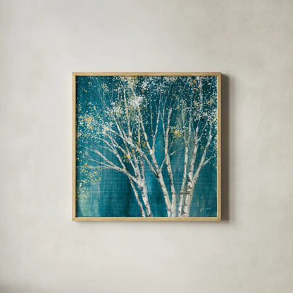 Teal Birch by Julia Purinton. Shown in a natural wood glass frame for a timeless modern aesthetic. Available as an archival giclee rolled canvas, fine art paper, or poster print. SKU 37740a.