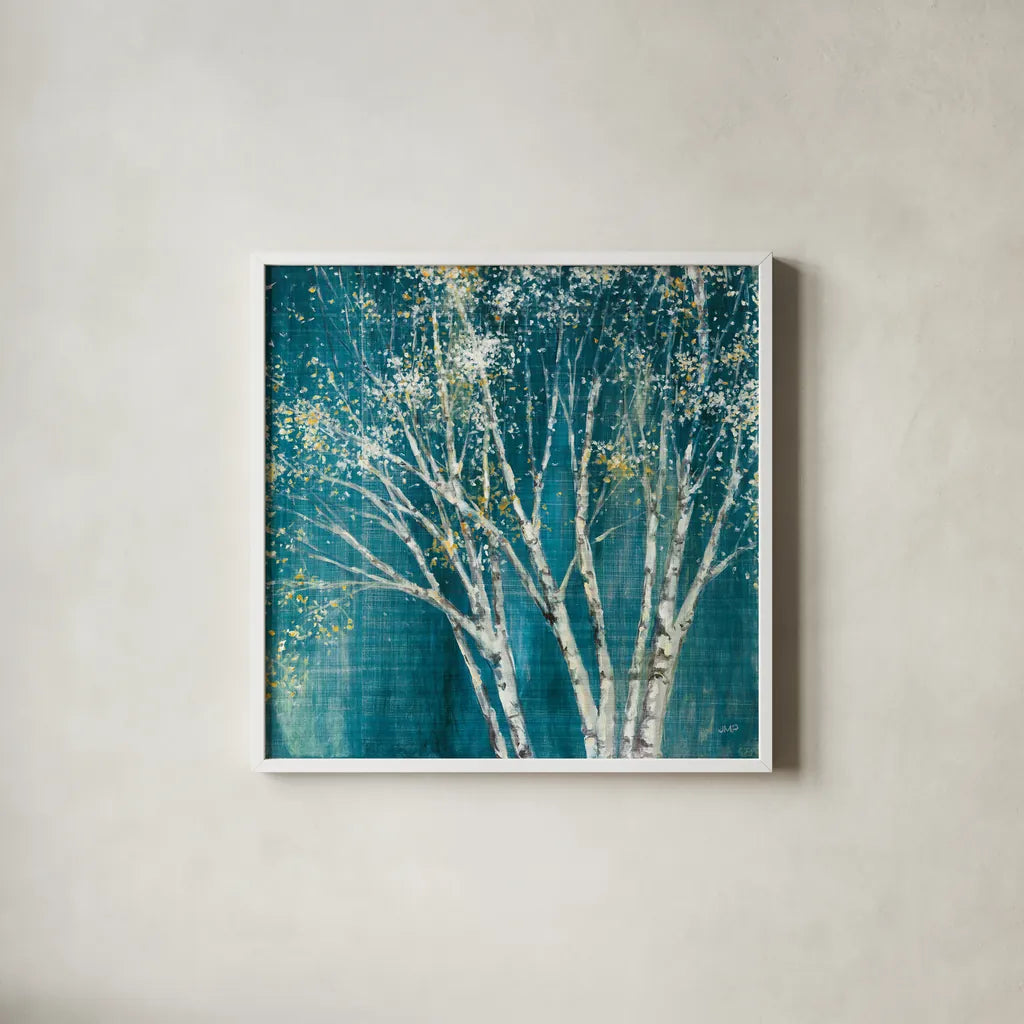 Teal Birch by Julia Purinton. Shown in a crisp white glass frame for a clean and minimalist style. Available as an archival giclee rolled canvas, fine art paper, or poster print. SKU 37740a.