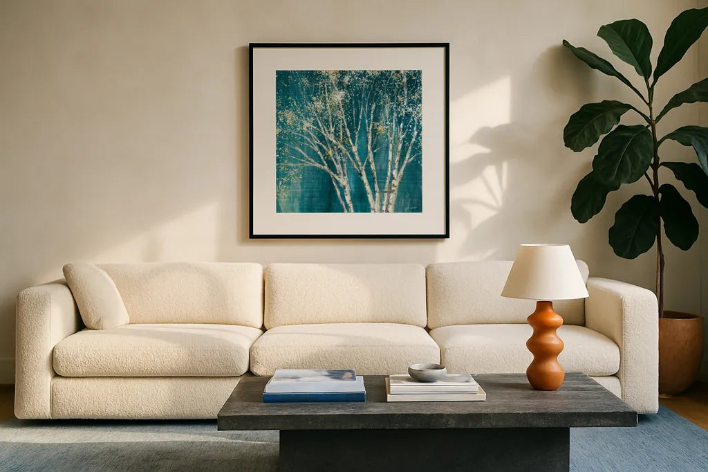 Teal Birch by Julia Purinton. Displayed in a glass frame with matte in a clean modern living room. Available as an archival giclee rolled canvas, fine art paper, or poster print. SKU 37740a.