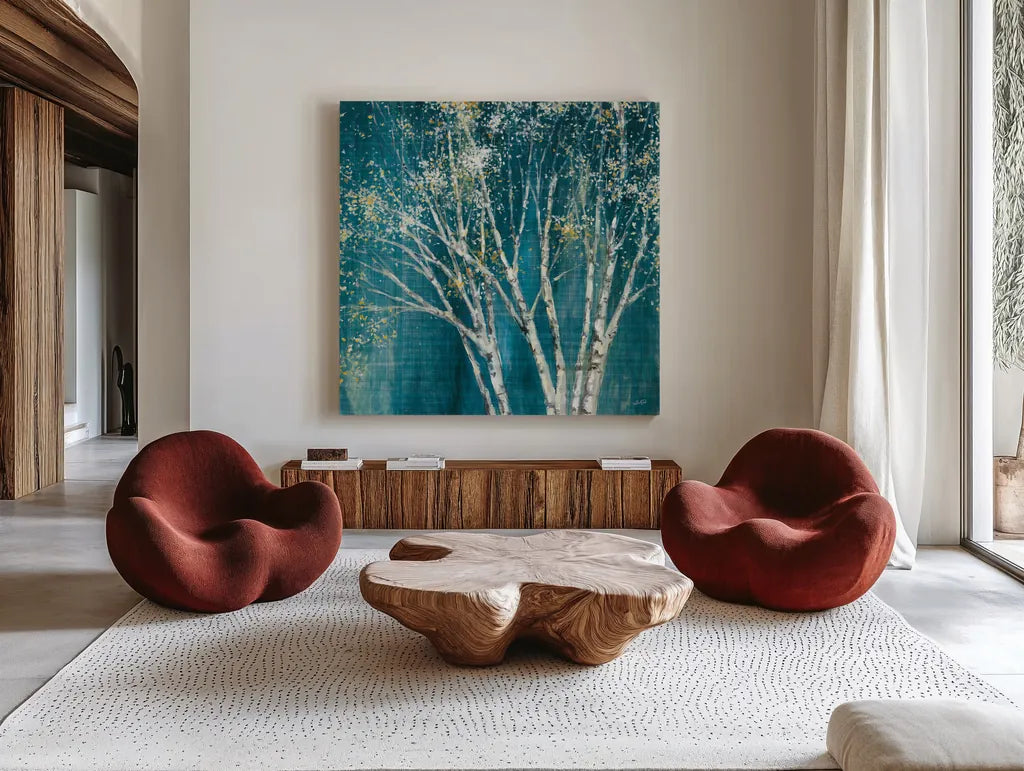 Teal Birch by Julia Purinton. Shown as extra-large giant wall art in a modern living room. Available as an archival giclee rolled canvas, fine art paper, or poster print. SKU 37740a.