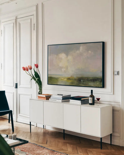 Thoughtful by Julia Purinton. shown as a framed stretched canvas in a living room above a console. Available as a archival giclee rolled canvas, fine art paper, or poster print. SKU 83845i.