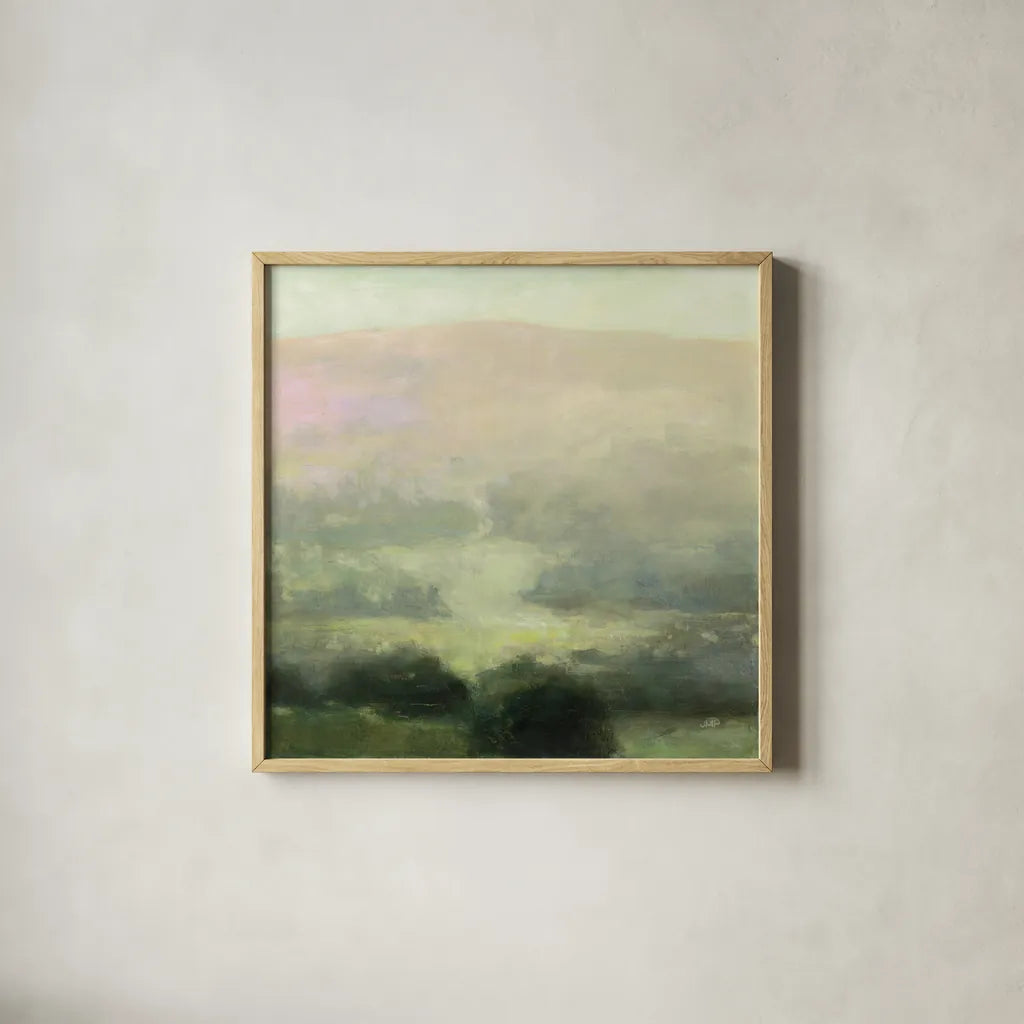 Through the Haze by Julia Purinton. Shown in a natural wood glass frame for a timeless modern aesthetic. Available as an archival giclee rolled canvas, fine art paper, or poster print. SKU 77490a.