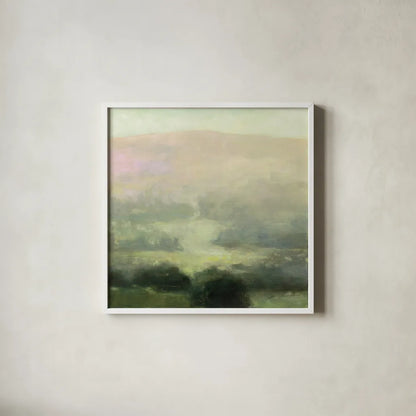 Through the Haze by Julia Purinton. Shown in a crisp white glass frame for a clean and minimalist style. Available as an archival giclee rolled canvas, fine art paper, or poster print. SKU 77490a.