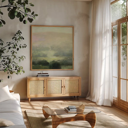 Through the Haze by Julia Purinton. Shown in a natural wood frame in a cozy modern living room. Available as an archival giclee rolled canvas, fine art paper, or poster print. SKU 77490a.