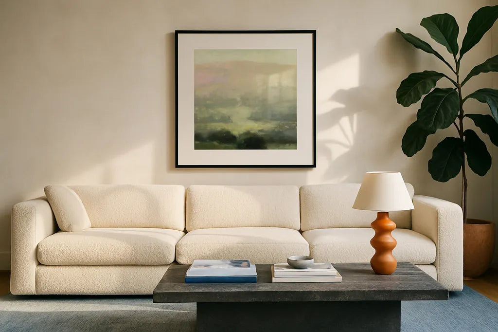 Through the Haze by Julia Purinton. Displayed in a glass frame with matte in a clean modern living room. Available as an archival giclee rolled canvas, fine art paper, or poster print. SKU 77490a.