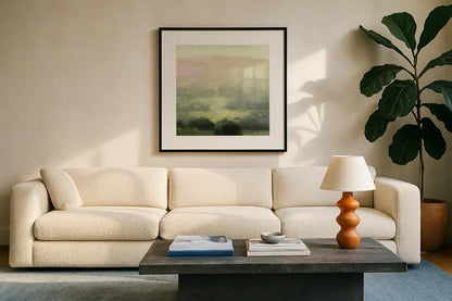 Through the Haze by Julia Purinton. Displayed in a glass frame with matte in a clean modern living room. Available as an archival giclee rolled canvas, fine art paper, or poster print. SKU 77490a.