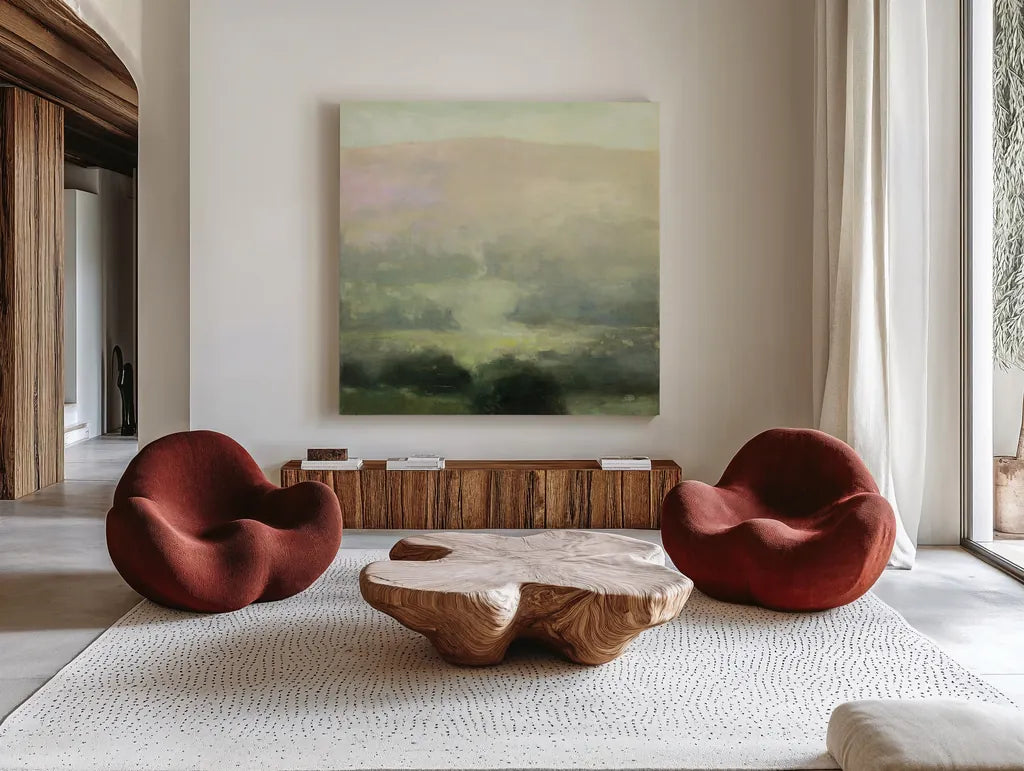 Through the Haze by Julia Purinton. Shown as extra-large giant wall art in a modern living room. Available as an archival giclee rolled canvas, fine art paper, or poster print. SKU 77490a.