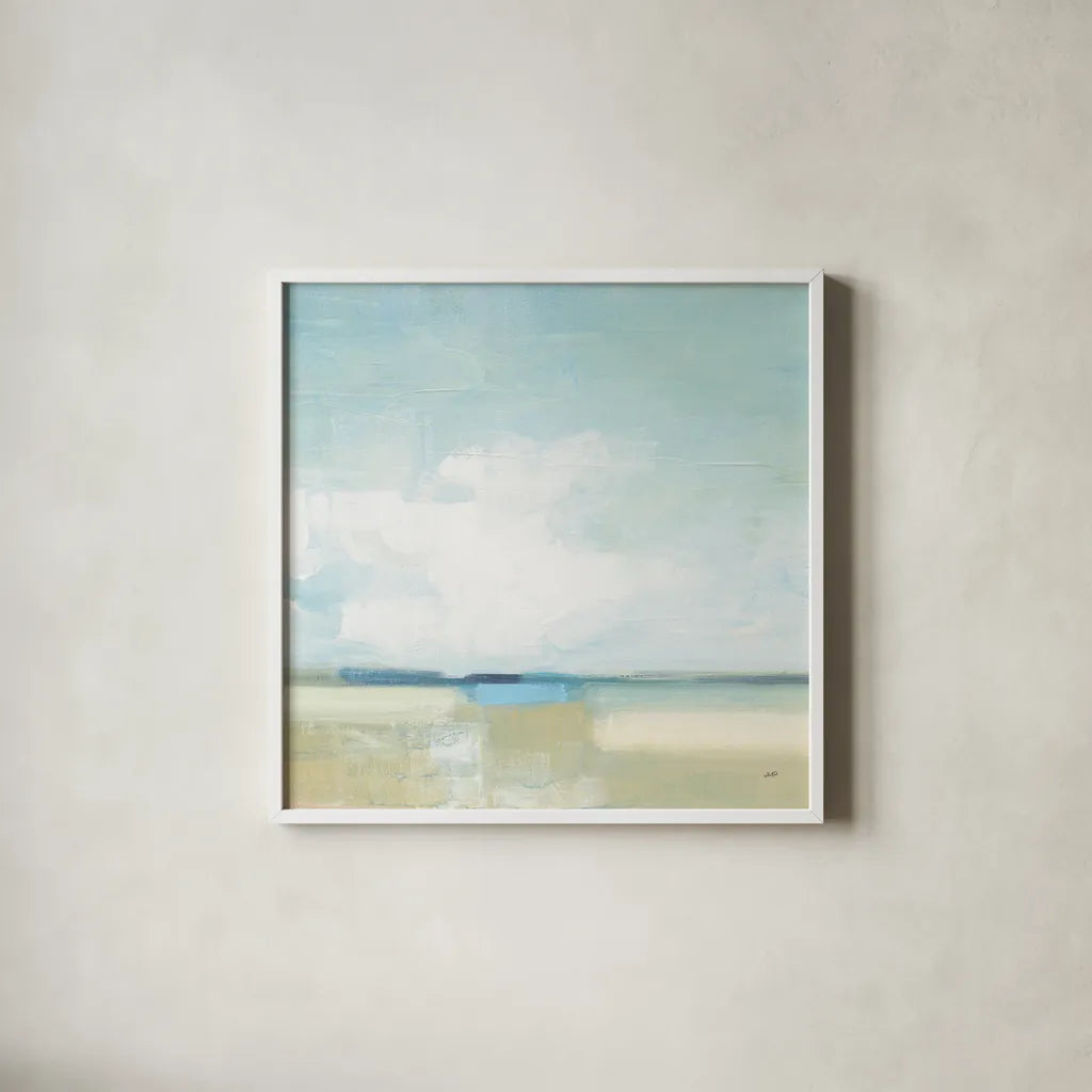 Tidal Retreat Crop by Julia Purinton. Shown in a crisp white glass frame for a clean and minimalist style. Available as an archival giclee rolled canvas, fine art paper, or poster print. SKU 74324a.