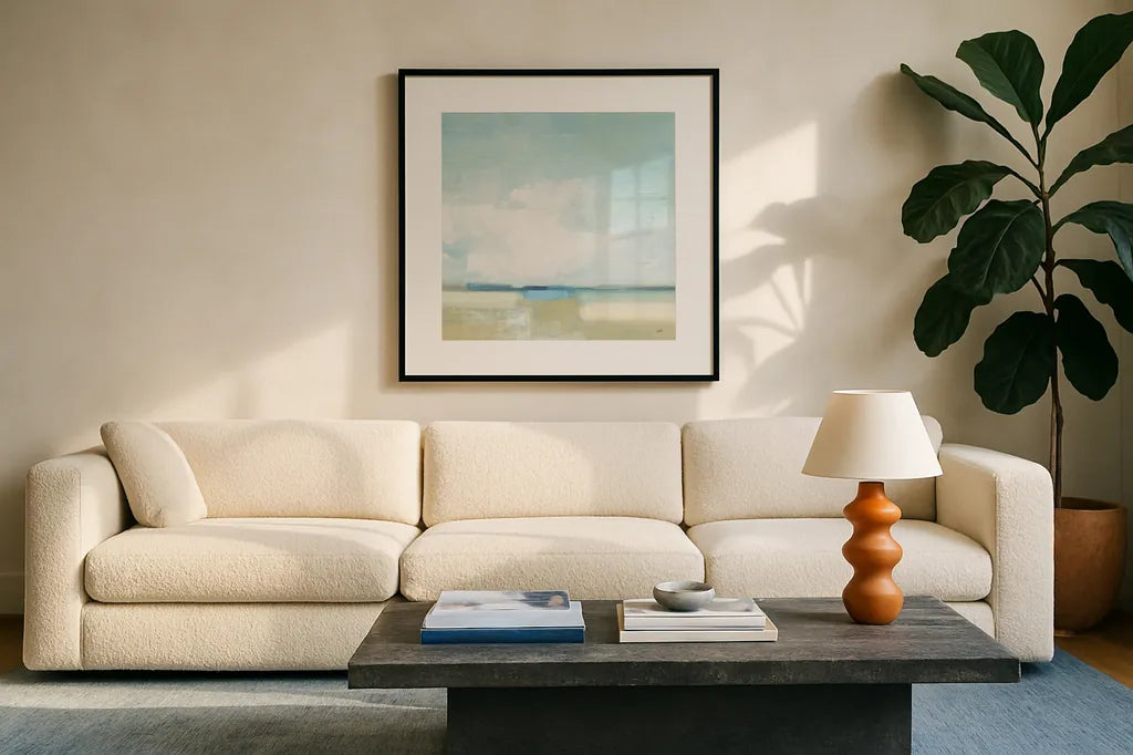 Tidal Retreat Crop by Julia Purinton. Displayed in a glass frame with matte in a clean modern living room. Available as an archival giclee rolled canvas, fine art paper, or poster print. SKU 74324a.