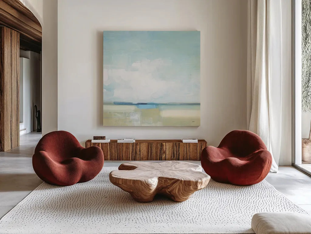 Tidal Retreat Crop by Julia Purinton. Shown as extra-large giant wall art in a modern living room. Available as an archival giclee rolled canvas, fine art paper, or poster print. SKU 74324a.