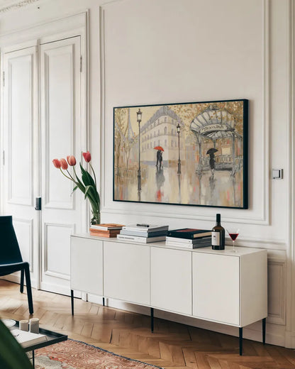 To the Metro by Julia Purinton. shown as a framed stretched canvas in a living room above a console. Available as a archival giclee rolled canvas, fine art paper, or poster print. SKU 30530i.