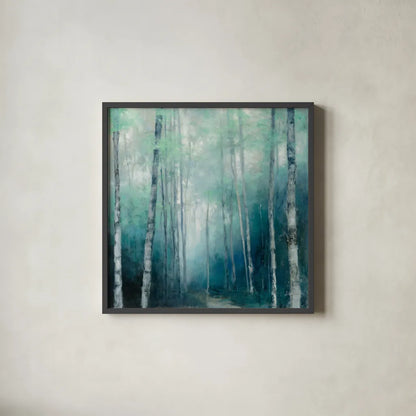 To the Woods by Julia Purinton. Shown in a sleek black glass frame for a contemporary gallery look. Available as an archival giclee rolled canvas, fine art paper, or poster print. SKU 62754a.