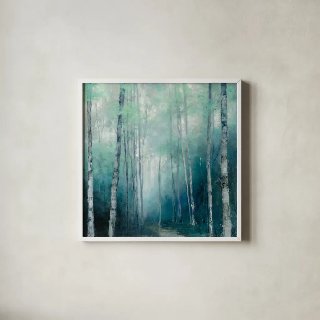 To the Woods by Julia Purinton. Shown in a crisp white glass frame for a clean and minimalist style. Available as an archival giclee rolled canvas, fine art paper, or poster print. SKU 62754a.
