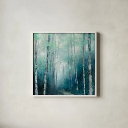 To the Woods by Julia Purinton. Shown in a crisp white glass frame for a clean and minimalist style. Available as an archival giclee rolled canvas, fine art paper, or poster print. SKU 62754a.