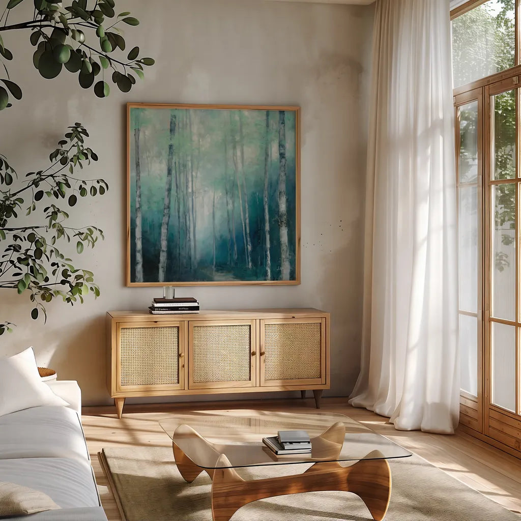 To the Woods by Julia Purinton. Shown in a natural wood frame in a cozy modern living room. Available as an archival giclee rolled canvas, fine art paper, or poster print. SKU 62754a.