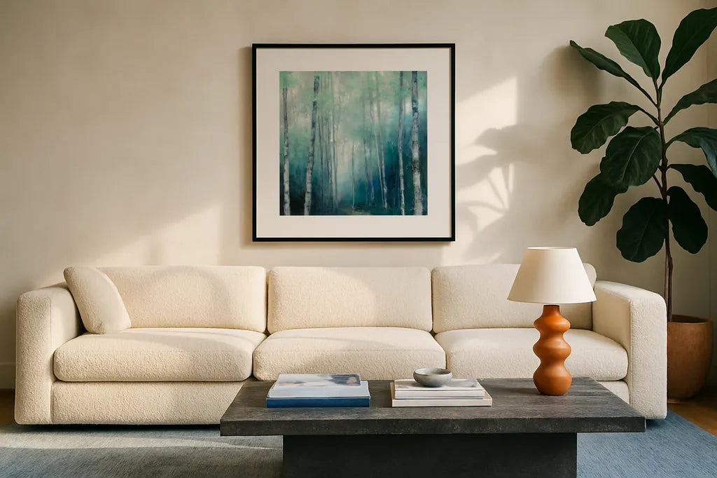 To the Woods by Julia Purinton. Displayed in a glass frame with matte in a clean modern living room. Available as an archival giclee rolled canvas, fine art paper, or poster print. SKU 62754a.