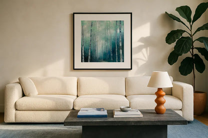 To the Woods by Julia Purinton. Displayed in a glass frame with matte in a clean modern living room. Available as an archival giclee rolled canvas, fine art paper, or poster print. SKU 62754a.