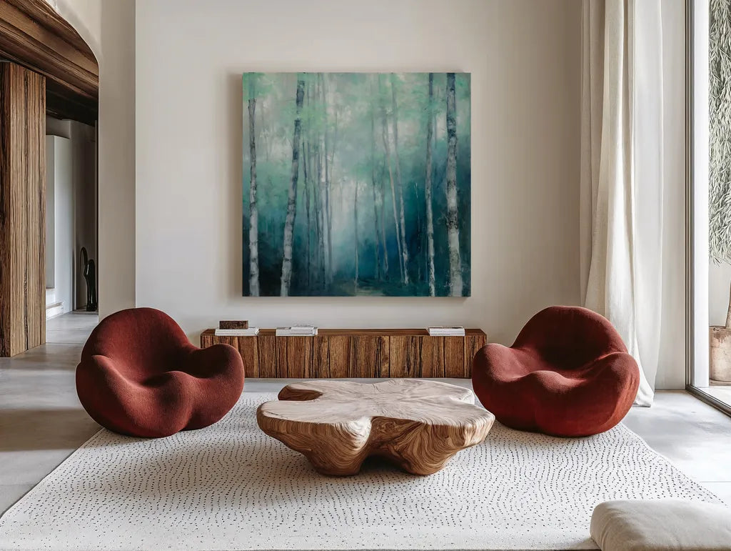 To the Woods by Julia Purinton. Shown as extra-large giant wall art in a modern living room. Available as an archival giclee rolled canvas, fine art paper, or poster print. SKU 62754a.