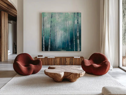 To the Woods by Julia Purinton. Shown as extra-large giant wall art in a modern living room. Available as an archival giclee rolled canvas, fine art paper, or poster print. SKU 62754a.